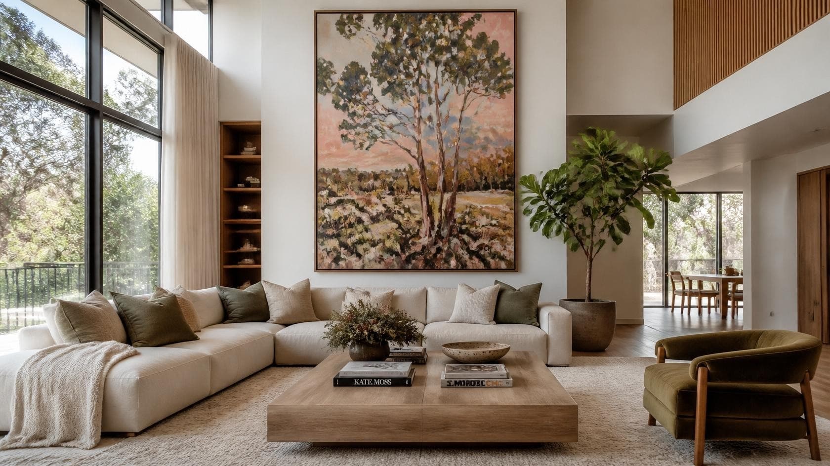 Interior design Sydney: large-scale landscape painting installed above a sofa in a living room (placeholder)