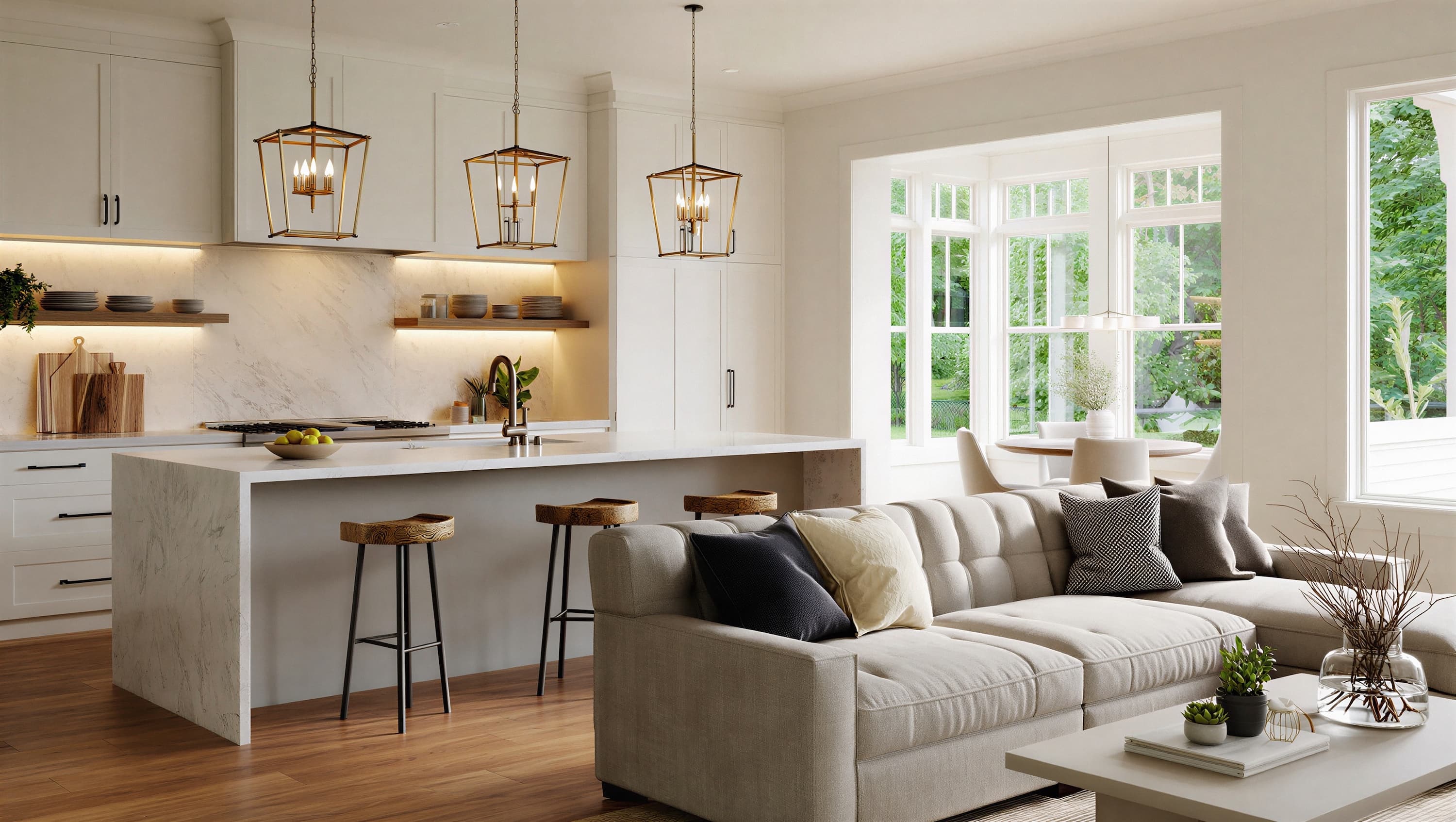 Interior design Sydney: open-plan kitchen and living space with marble island and brass pendant lighting