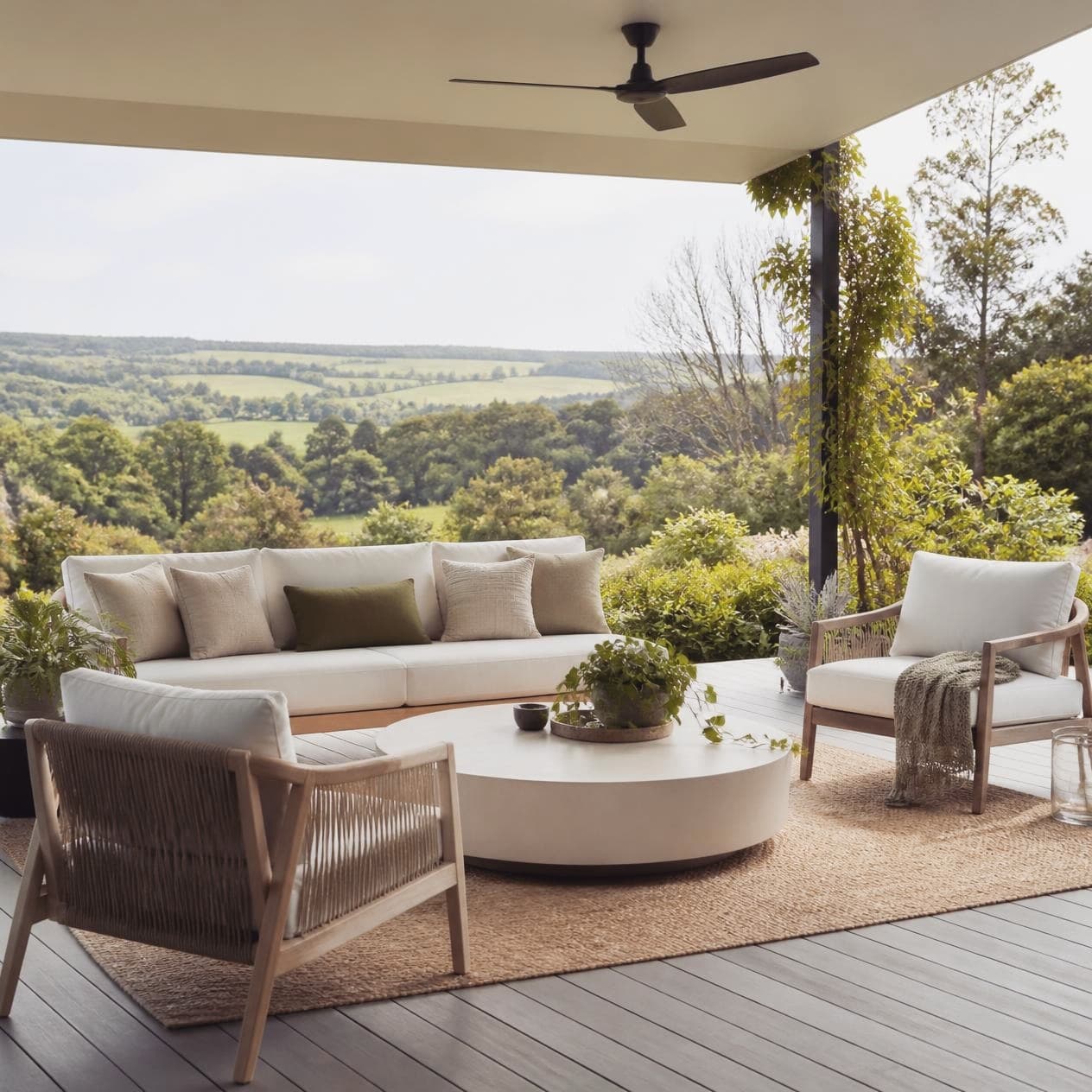 Interior design Sydney: covered outdoor lounge setting with a view over the treeline