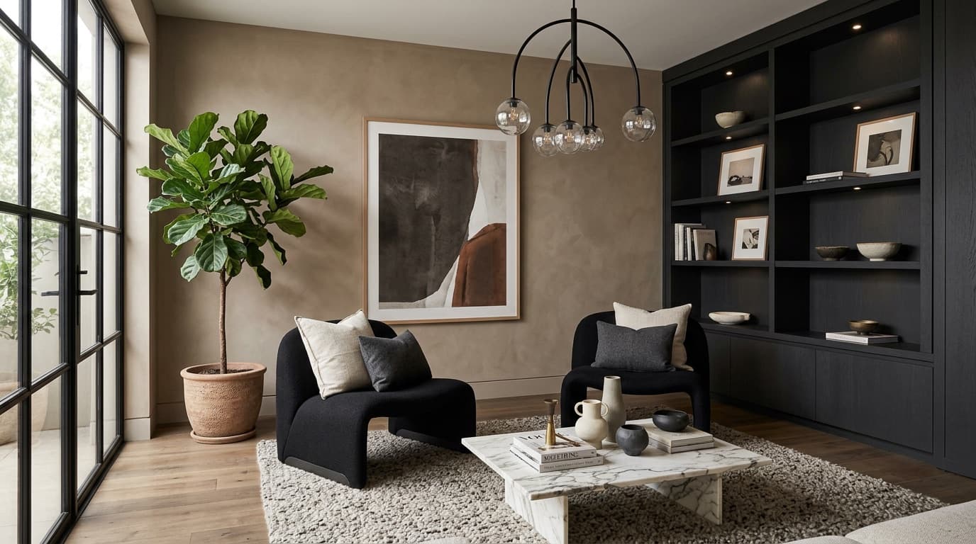 Interior design Sydney: living room with sculptural black occasional chairs and a marble coffee table